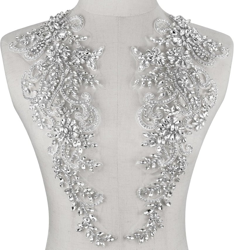 Aphlos 1 Pair Rhinestone Appliqué Patches for Dresses, 15.3"x5.9" Beaded Crystal Embellishments for Bridal Gowns, Evening Wear, Dance Costumes, Sewing DIY Projects, Wedding Dress, Clothing Design - Image 1